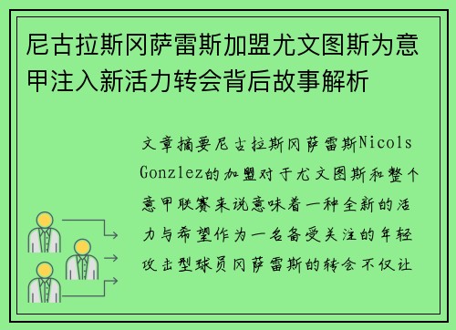 尼古拉斯冈萨雷斯加盟尤文图斯为意甲注入新活力转会背后故事解析